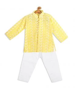 Boys VASTRAMAY SISHU Boy's Mustard Floral Chikankari Pure Cotton Kurta With Pyjama