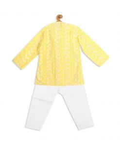Boys VASTRAMAY SISHU Boy's Mustard Floral Chikankari Pure Cotton Kurta With Pyjama