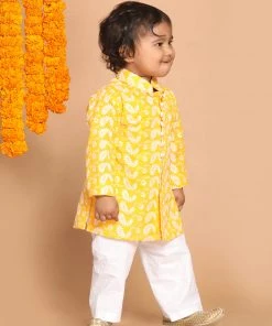 VASTRAMAY SISHU Boy's Orange Floral Chikankari Pure Cotton Kurta With Pyjama
