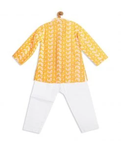 VASTRAMAY SISHU Boy's Orange Floral Chikankari Pure Cotton Kurta With Pyjama
