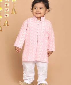 VASTRAMAY SISHU Boy's Pink Floral Chikankari Pure Cotton Kurta With Pyjama Boys