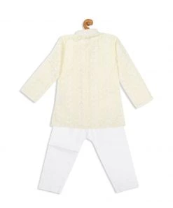 VASTRAMAY SISHU Boy's Yellow Floral Chikankari Pure Cotton Kurta With Pyjama Boys