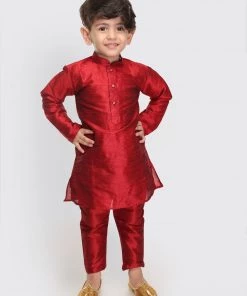 VASTRAMAY SISHU Infant Boys Maroon Silk Blend Kurta Pyjama Set