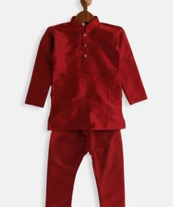 VASTRAMAY SISHU Infant Boys Maroon Silk Blend Kurta Pyjama Set
