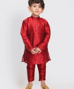 VASTRAMAY SISHU Infant Boys Maroon Silk Blend Kurta Pyjama Set