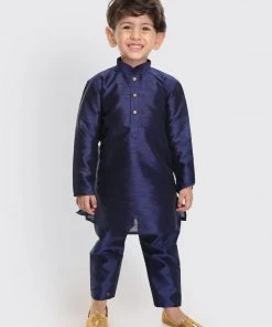 VASTRAMAY SISHU Infant Boys Navy Blue Silk Blend Kurta Pyjama Set