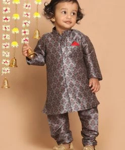 VASTRAMAY SISHU Boy's Grey & Maroon Ethnic Motifs Printed Kurta With Churidar