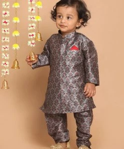 VASTRAMAY SISHU Boy's Grey & Maroon Ethnic Motifs Printed Kurta With Churidar