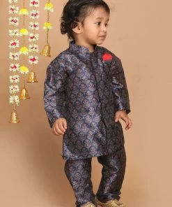 VASTRAMAY SISHU Boy's Navy Blue Ethnic Motifs Printed Kurta With Churidar