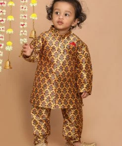 VASTRAMAY SISHU Boy's Yellow And Maroon Ethnic Motifs Printed Kurta With Churidar Ganesh Chaturthi