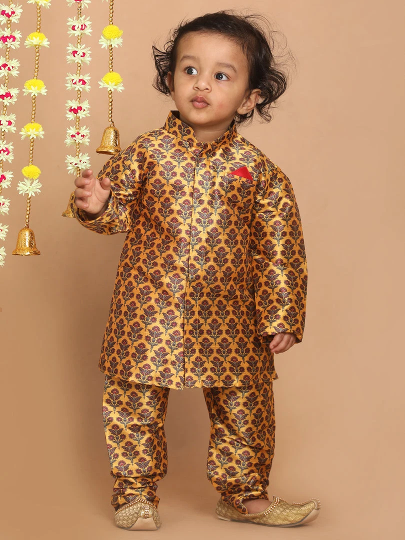 VASTRAMAY SISHU Boy's Yellow And Maroon Ethnic Motifs Printed Kurta With Churidar Ganesh Chaturthi 4 VASTRAMAY SISHU Boy's Yellow And Maroon Ethnic Motifs Printed Kurta With Churidar Ganesh Chaturthi