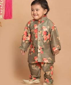 VASTRAMAY SISHU Boys Olive Green Floral Printed Kurta With Churidar