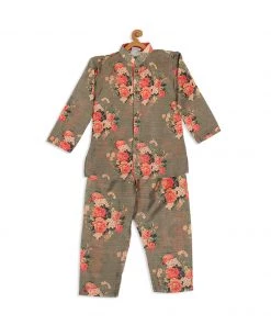 VASTRAMAY SISHU Boys Olive Green Floral Printed Kurta With Churidar