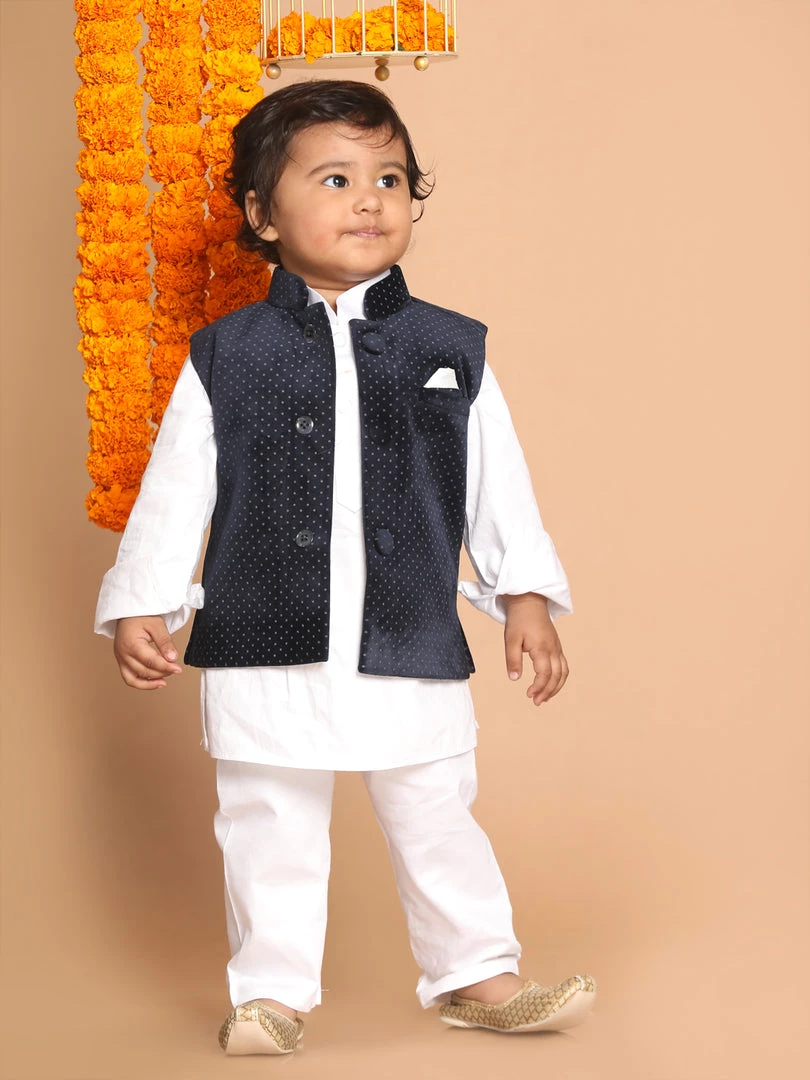 VASTRAMAY SISHU Boy's White Kurta Set With Blue Pyjams Boys 3 VASTRAMAY SISHU Boy's White Kurta Set With Blue Pyjams Boys