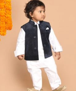 VASTRAMAY SISHU Boy's White Kurta Set With Blue Pyjams Boys