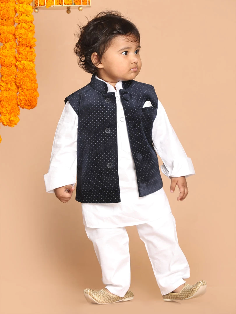 VASTRAMAY SISHU Boy's White Kurta Set With Blue Pyjams Boys 4 VASTRAMAY SISHU Boy's White Kurta Set With Blue Pyjams Boys
