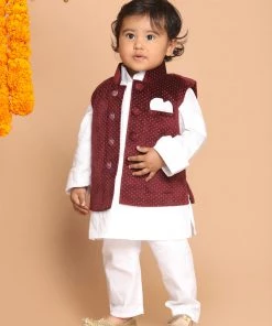 VASTRAMAY SISHU Boy's Maroon Printed Kurta With Pyjamas & Nehru Jacket