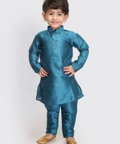 VASTRAMAY SISHU Infant Boys Turquoise Silk Blend Kurta Pyjama Set