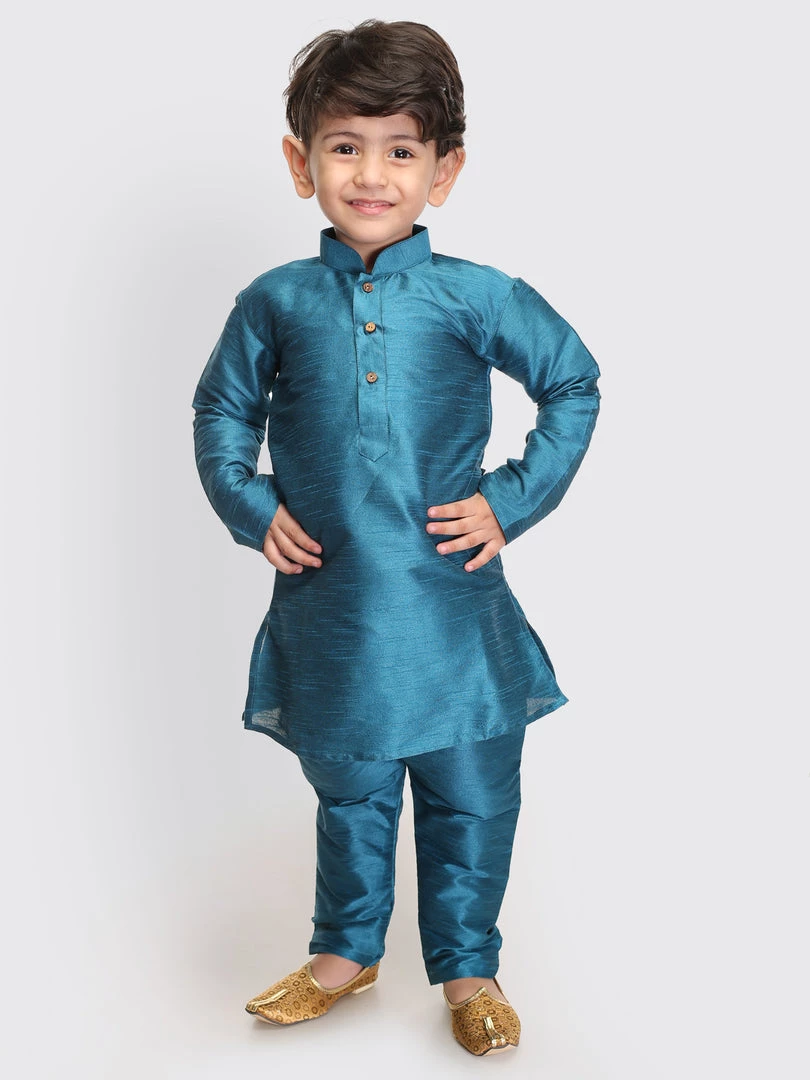 VASTRAMAY SISHU Infant Boys Turquoise Silk Blend Kurta Pyjama Set 3 VASTRAMAY SISHU Infant Boys Turquoise Silk Blend Kurta Pyjama Set