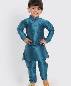 VASTRAMAY SISHU Infant Boys Turquoise Silk Blend Kurta Pyjama Set 14 VASTRAMAY SISHU Infant Boys Turquoise Silk Blend Kurta Pyjama Set