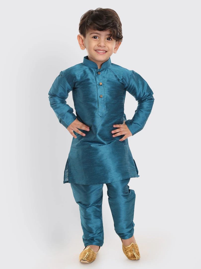 VASTRAMAY SISHU Infant Boys Turquoise Silk Blend Kurta Pyjama Set 8 VASTRAMAY SISHU Infant Boys Turquoise Silk Blend Kurta Pyjama Set