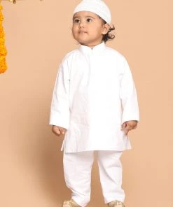 Boys VASTRAMAY SISHU Boy's White Pure Cotton Kurta And Pyjamas With Prayer Cap