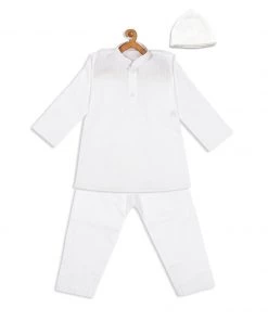 Boys VASTRAMAY SISHU Boy's White Pure Cotton Kurta And Pyjamas With Prayer Cap