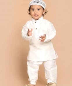 VASTRAMAY SISHU Boy's White Kurta And Pyjamas With Prayer Cap