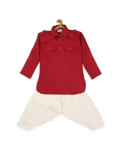 VASTRAMAY SISHU Boy's Maroon Angrakha Kurta With Patiala Boys