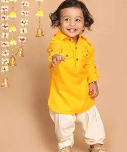 VASTRAMAY SISHU Boy's Yellow Angrakha Kurta With Patiala
