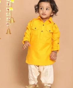 VASTRAMAY SISHU Boy's Yellow Angrakha Kurta With Patiala