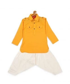 VASTRAMAY SISHU Boy's Yellow Angrakha Kurta With Patiala
