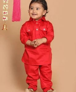 Boys VASTRAMAY SISHU Boy's Red Pure Cotton Kurta With Salwar
