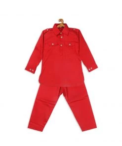 Boys VASTRAMAY SISHU Boy's Red Pure Cotton Kurta With Salwar