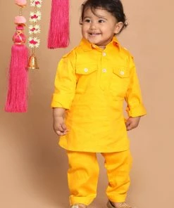 Boys VASTRAMAY SISHU Boy's Yellow Pure Cotton Kurta With Salwar