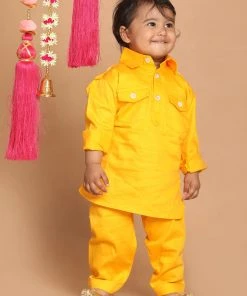 Boys VASTRAMAY SISHU Boy's Yellow Pure Cotton Kurta With Salwar