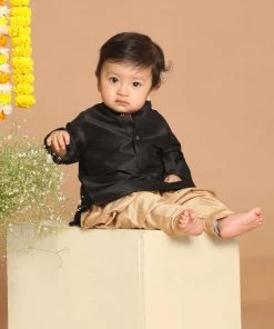 VASTRAMAY SISHU Boy's Black & Rose Gold-Toned Kurta With Dhoti Pants