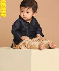 VASTRAMAY SISHU Boy's Navy Blue & Golden Silk Blend Kurta With Dhoti Pants Boys