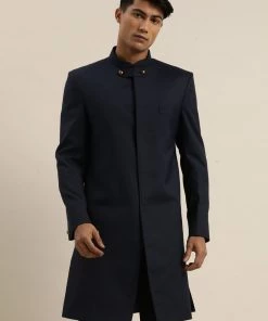 SHRESTHA By VASTRAMAY Men's Navy Blue Silk Blend Sherwani Only Top