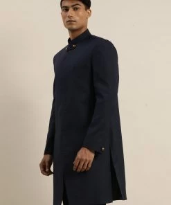 SHRESTHA By VASTRAMAY Men's Navy Blue Silk Blend Sherwani Only Top