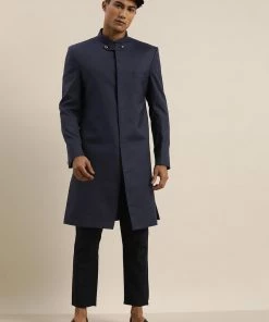 Sherwani/Indowestern Sets SHRESTHA By VASTRAMAY Men's Navy Blue & Black Solid Bandhgala Sherwani Set