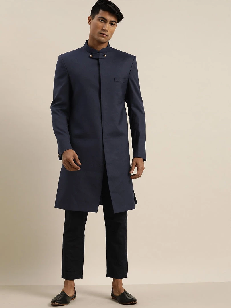 Sherwani/Indowestern Sets SHRESTHA By VASTRAMAY Men's Navy Blue & Black Solid Bandhgala Sherwani Set 3 Sherwani/Indowestern Sets SHRESTHA By VASTRAMAY Men's Navy Blue & Black Solid Bandhgala Sherwani Set
