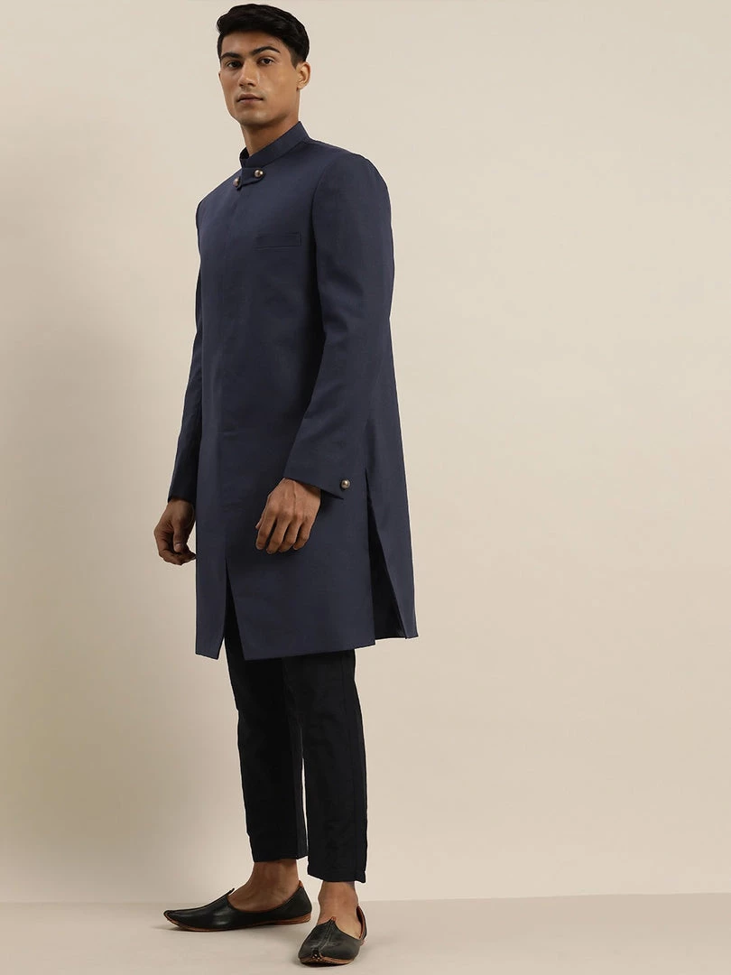 Sherwani/Indowestern Sets SHRESTHA By VASTRAMAY Men's Navy Blue & Black Solid Bandhgala Sherwani Set 6 Sherwani/Indowestern Sets SHRESTHA By VASTRAMAY Men's Navy Blue & Black Solid Bandhgala Sherwani Set