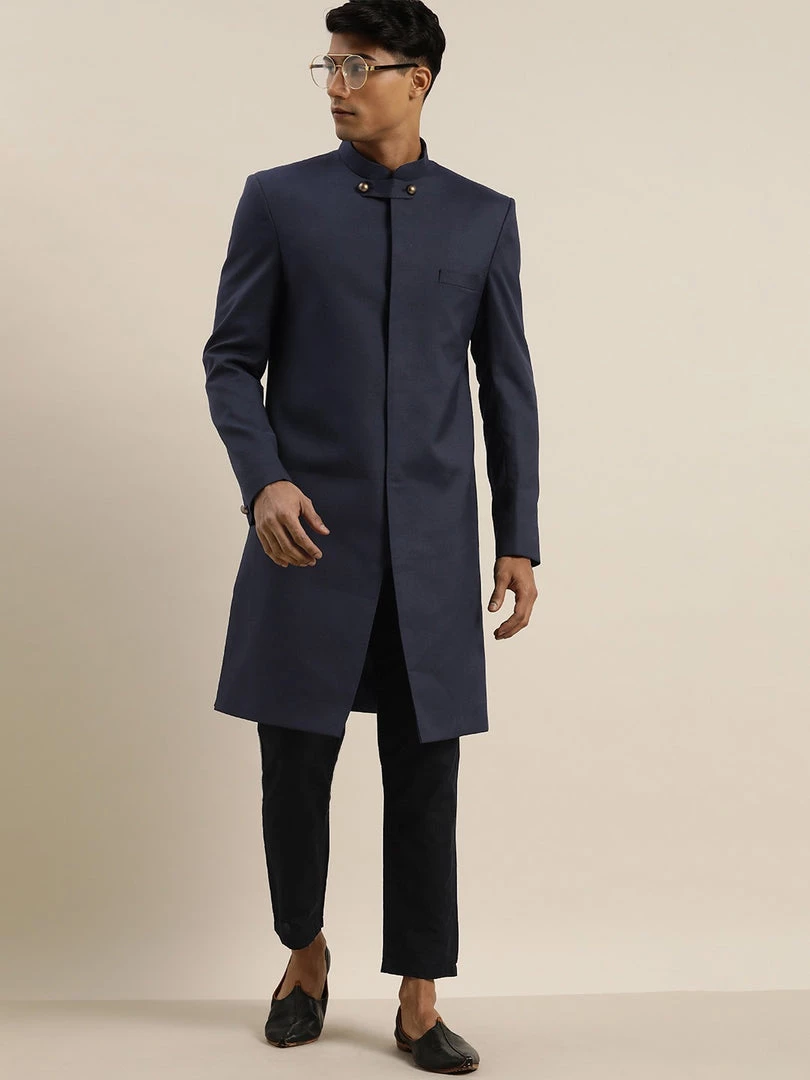Sherwani/Indowestern Sets SHRESTHA By VASTRAMAY Men's Navy Blue & Black Solid Bandhgala Sherwani Set 8 Sherwani/Indowestern Sets SHRESTHA By VASTRAMAY Men's Navy Blue & Black Solid Bandhgala Sherwani Set