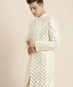 Shaadi SHRESTHA By VASTRAMAY Men's Cream-Coloured Mirror Work Indo Western Sherwani - Only Top