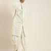 Sherwani/Indowestern Sets SHRESTHA By VASTRAMAY Men's Cream-Coloured Mirror Work Indo Western Sherwani Set