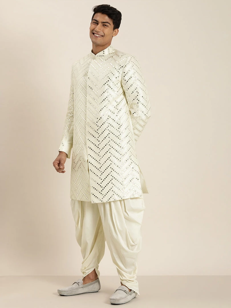 Sherwani/Indowestern Sets SHRESTHA By VASTRAMAY Men's Cream-Coloured Mirror Work Indo Western Sherwani Set 4 Sherwani/Indowestern Sets SHRESTHA By VASTRAMAY Men's Cream-Coloured Mirror Work Indo Western Sherwani Set
