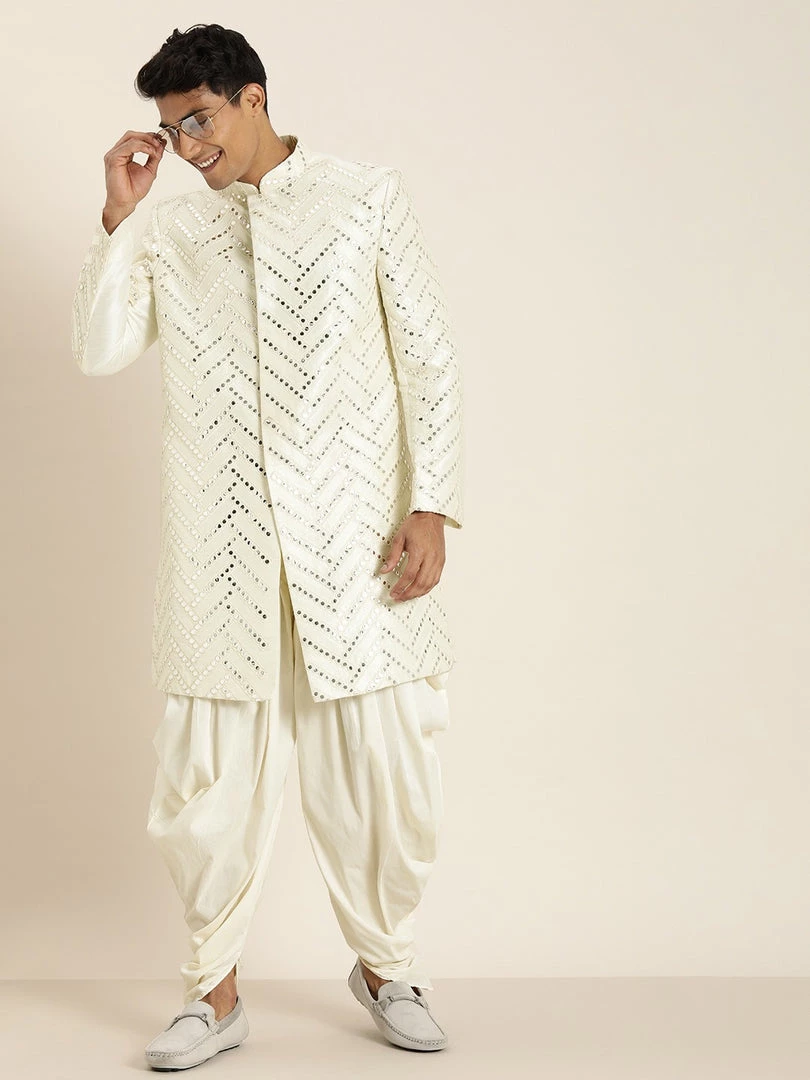 Sherwani/Indowestern Sets SHRESTHA By VASTRAMAY Men's Cream-Coloured Mirror Work Indo Western Sherwani Set 8 Sherwani/Indowestern Sets SHRESTHA By VASTRAMAY Men's Cream-Coloured Mirror Work Indo Western Sherwani Set