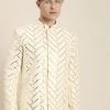 Sherwani/Indowestern Sets SHRESTHA By VASTRAMAY Men's Cream-Coloured Mirror Work Indo Western Sherwani Set