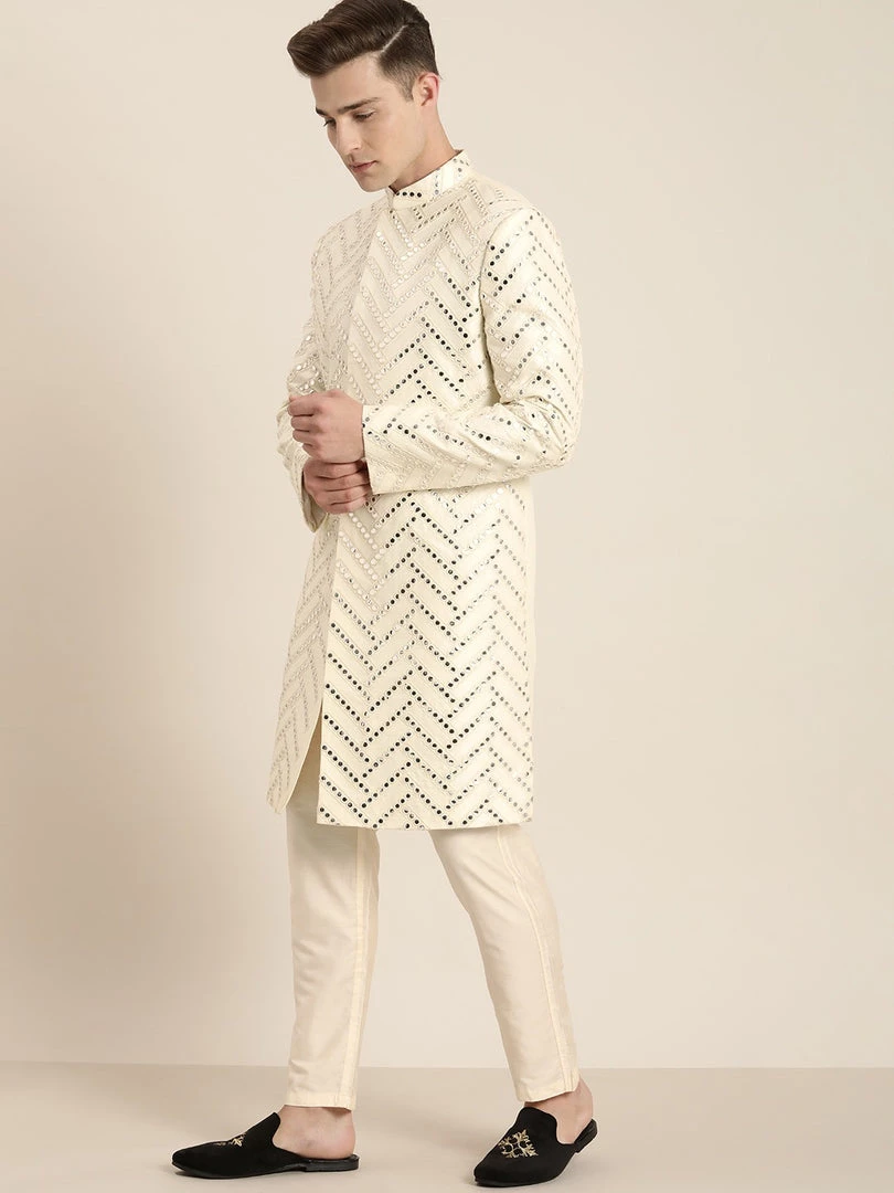 Sherwani/Indowestern Sets SHRESTHA By VASTRAMAY Men's Cream-Coloured Mirror Work Indo Western Sherwani Set 6 Sherwani/Indowestern Sets SHRESTHA By VASTRAMAY Men's Cream-Coloured Mirror Work Indo Western Sherwani Set